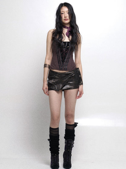 Flowers birds Market Fishbone Lace Trimmed Strap Bustier In Purple And Black