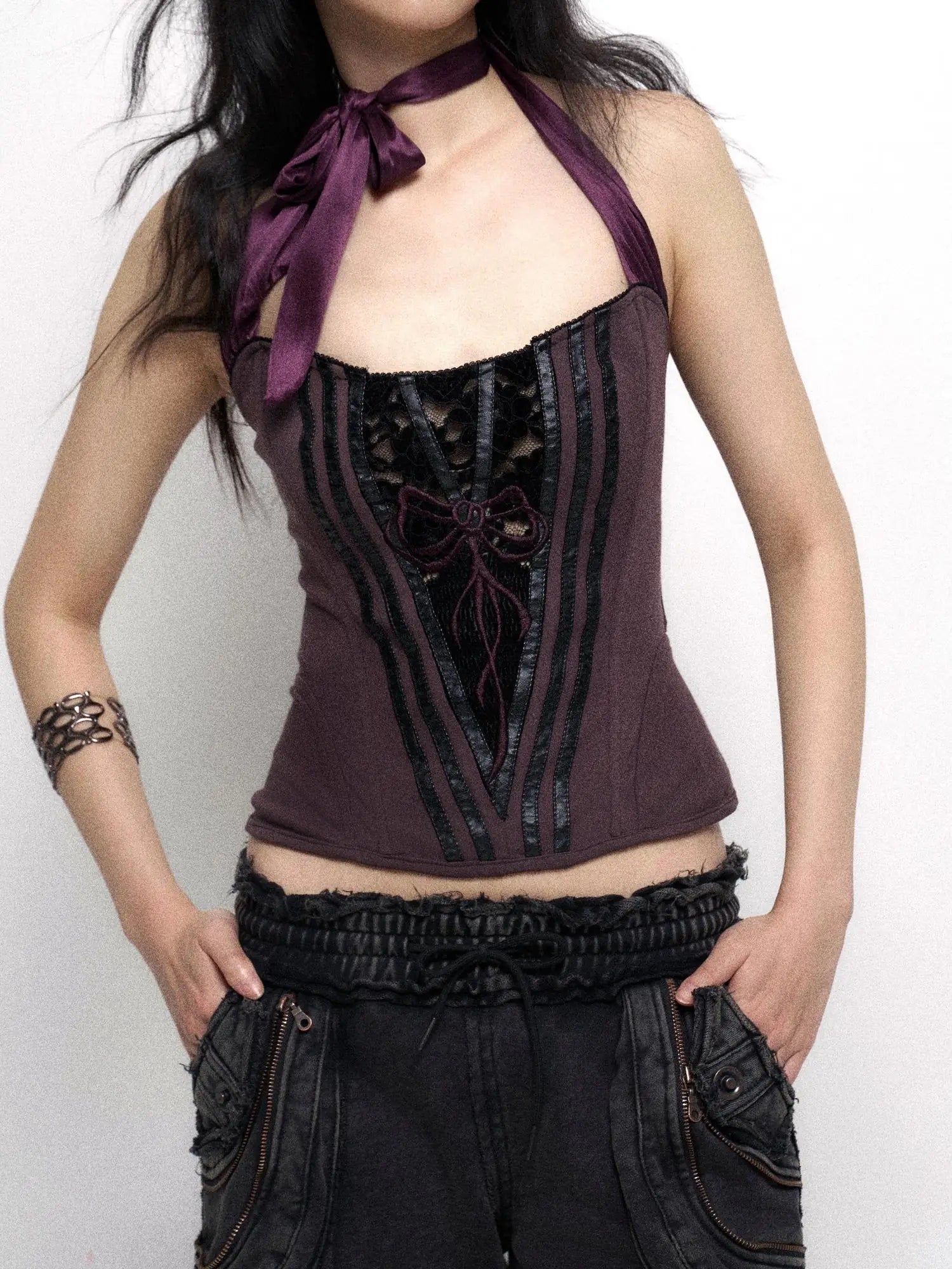 Fishbone Lace Trimmed Strap Bustier In Purple And Black