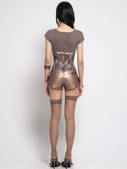 Flowers birds Market Fishbone Mesh Panel Ribbed Tee With Lattice Print And Bow Detail