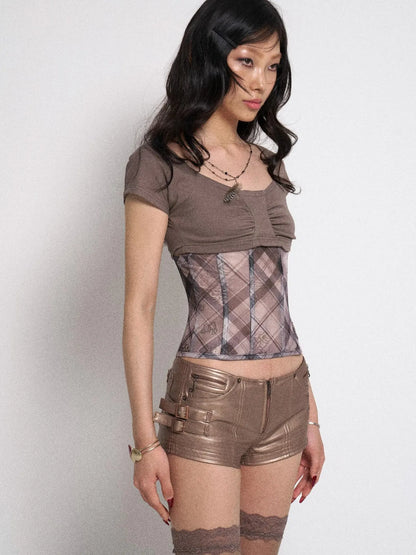 Ribbed Tee with Lattice Print, Bow Detail &amp; Structured Panels