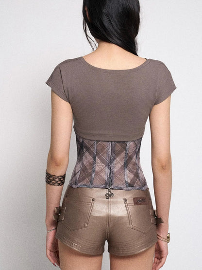 Ribbed Tee with Lattice Print, Bow Detail &amp; Structured Panels