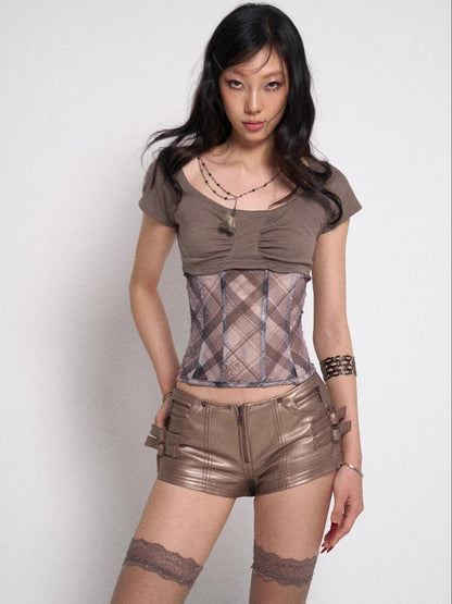 Flowers birds Market Fishbone Mesh Panel Ribbed Tee With Lattice Print And Bow Detail