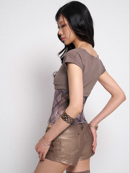 Flowers birds Market Fishbone Mesh Panel Ribbed Tee With Lattice Print And Bow Detail
