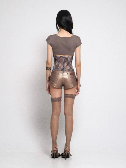 Ribbed Tee with Lattice Print, Bow Detail &amp; Structured Panels