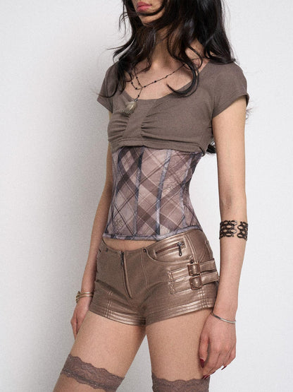 Flowers birds Market Fishbone Mesh Panel Ribbed Tee With Lattice Print And Bow Detail