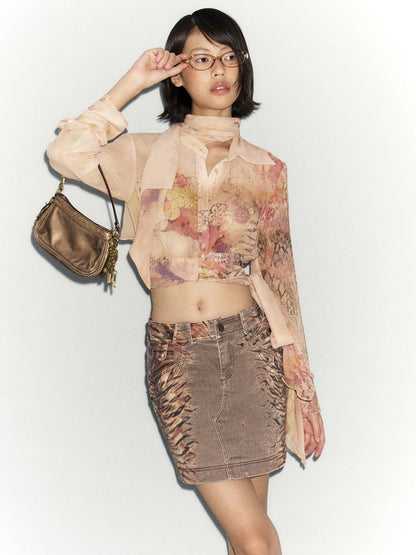 Flowers birds Market Flared Denim Midi Skirt With Stretch And Leopard Print Wash