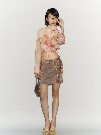 Flowers birds Market Flared Denim Midi Skirt With Stretch And Leopard Print Wash