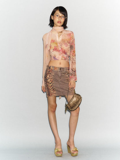 Flowers birds Market Flared Denim Midi Skirt With Stretch And Leopard Print Wash