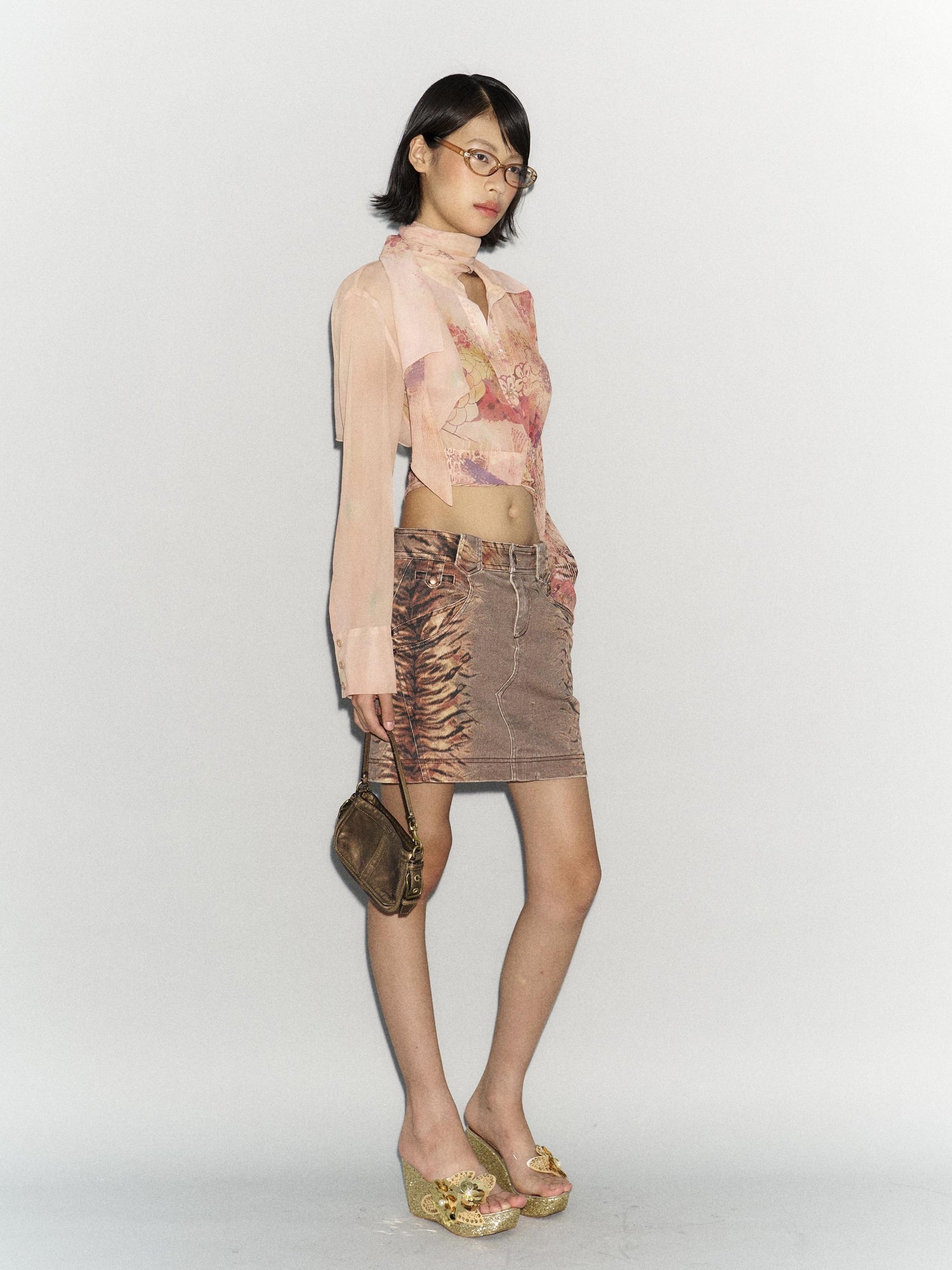 Flowers birds Market Flared Denim Midi Skirt With Stretch And Leopard Print Wash