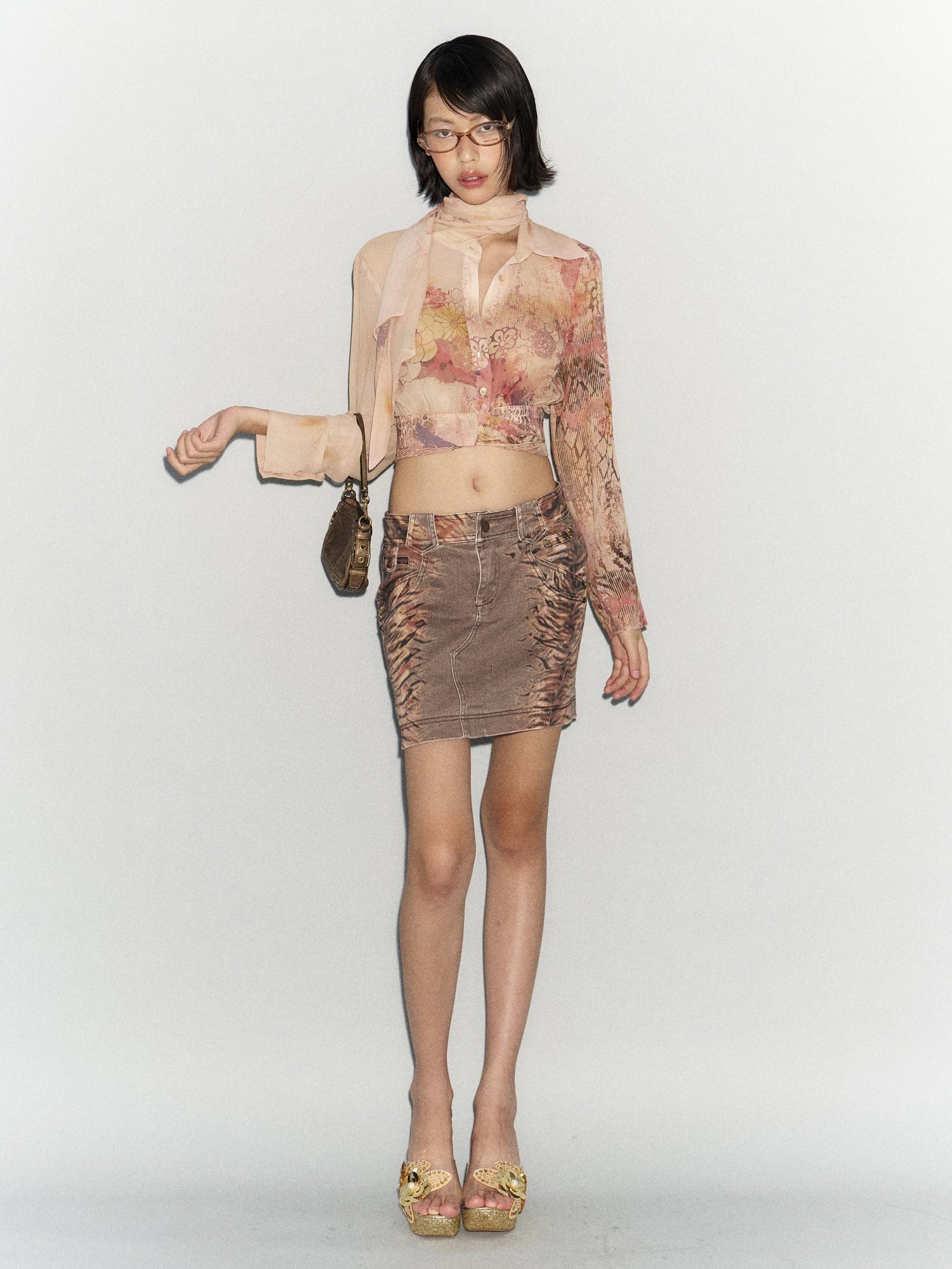 Flowers birds Market Flared Denim Midi Skirt With Stretch And Leopard Print Wash