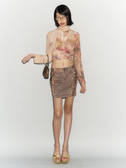 Flowers birds Market Flared Denim Midi Skirt With Stretch And Leopard Print Wash