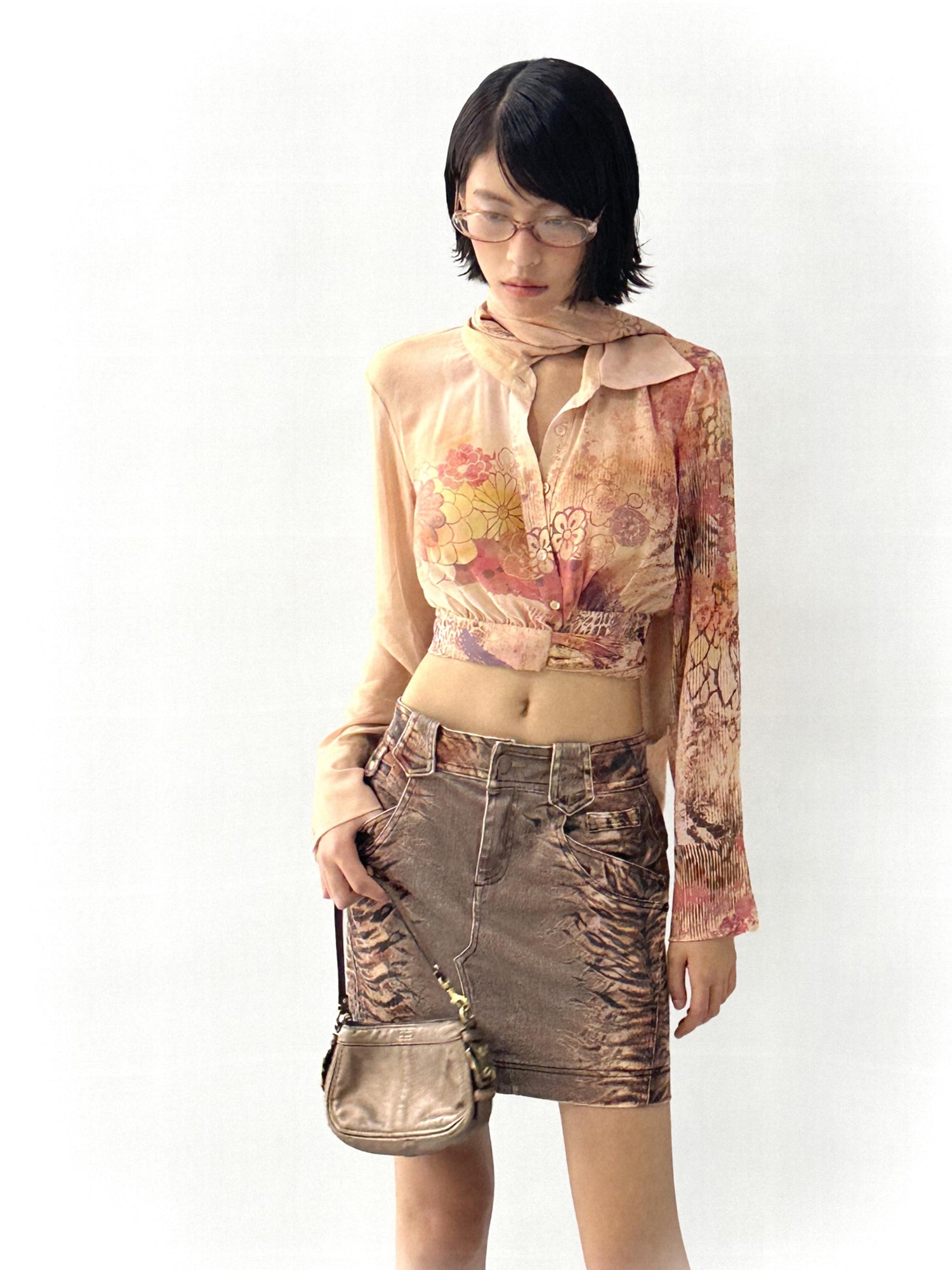Flowers birds Market Flared Denim Midi Skirt With Stretch And Leopard Print Wash