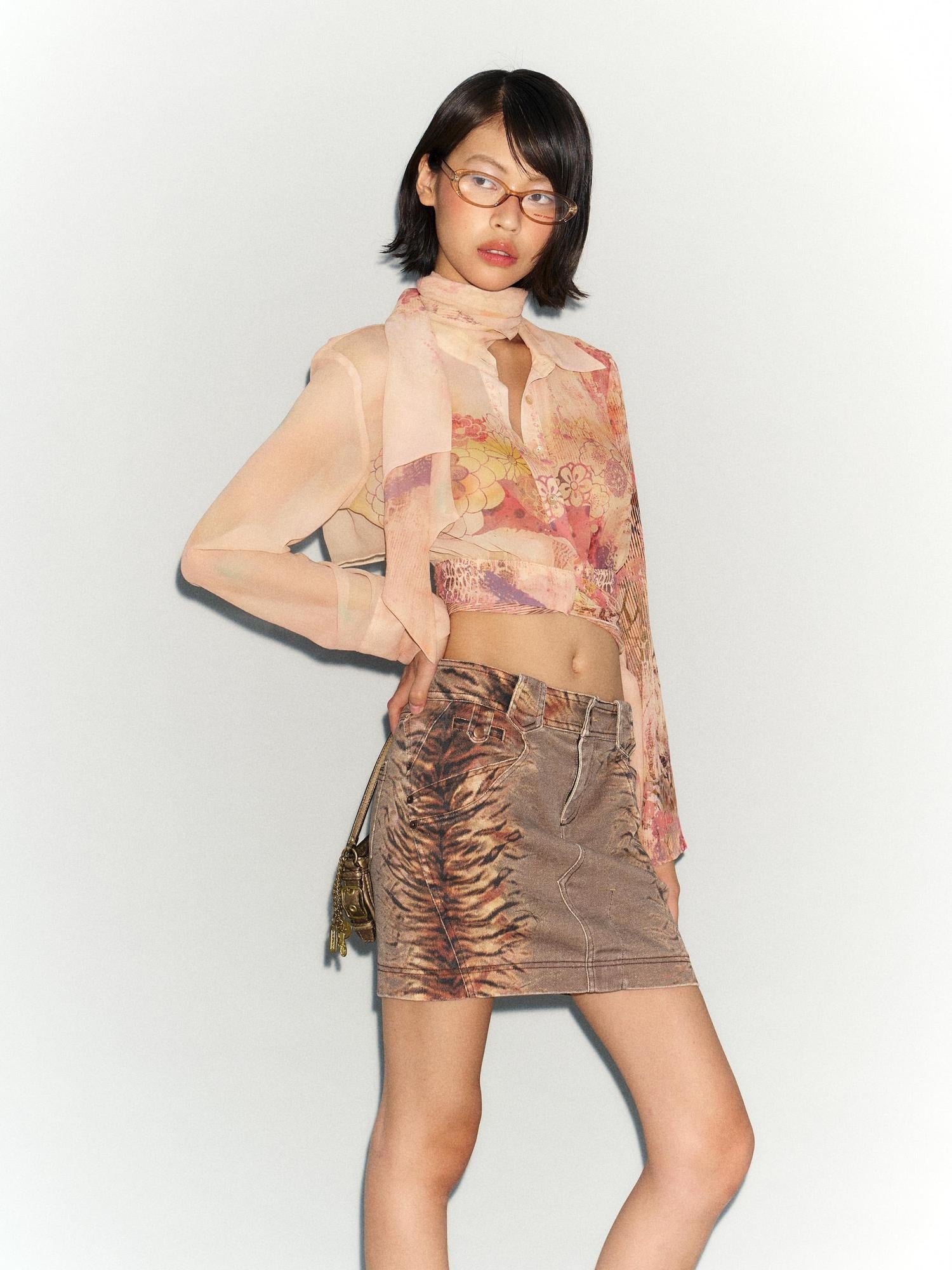 Flowers birds Market Flared Denim Midi Skirt With Stretch And Leopard Print Wash