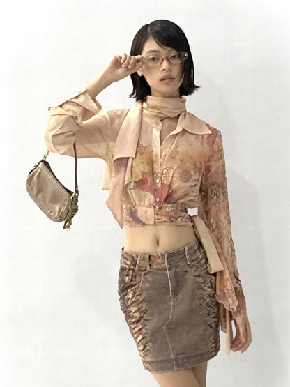 Flowers birds Market Flared Denim Midi Skirt With Stretch And Leopard Print Wash
