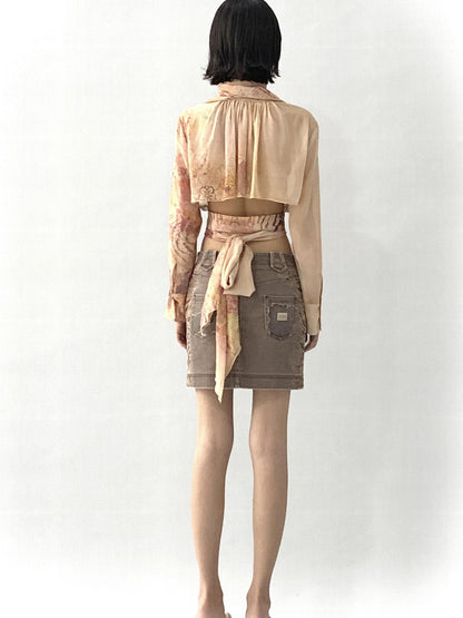 Flowers birds Market Flared Denim Midi Skirt With Stretch And Leopard Print Wash