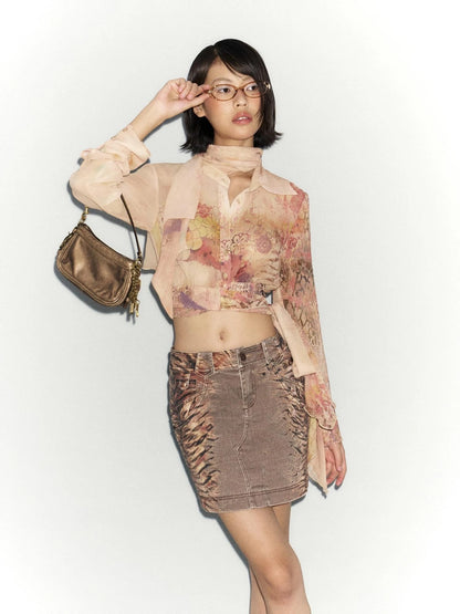 Denim Midi Skirt With Stretch And Leopard Print Wash