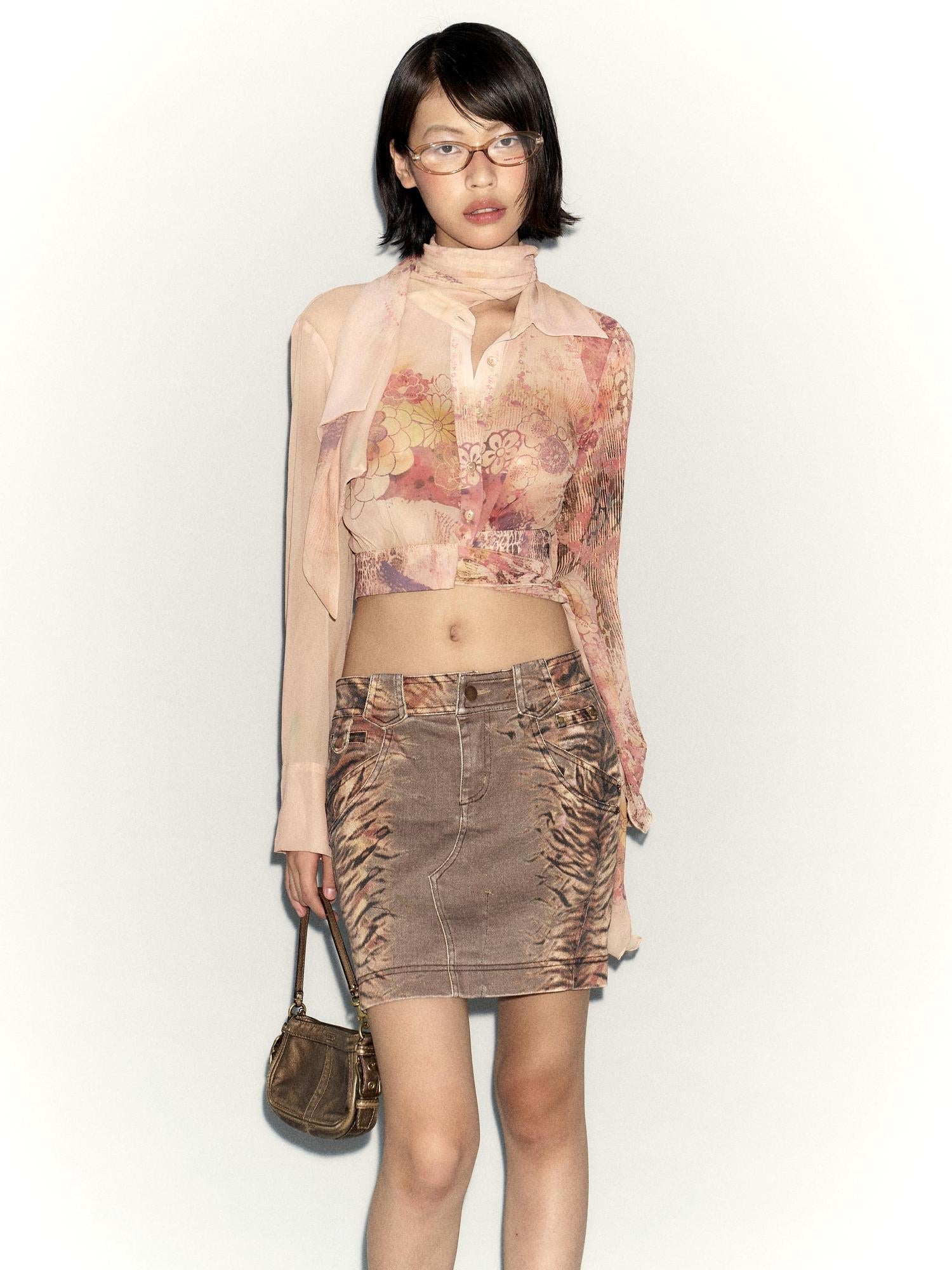 Flowers birds Market Flared Denim Midi Skirt With Stretch And Leopard Print Wash