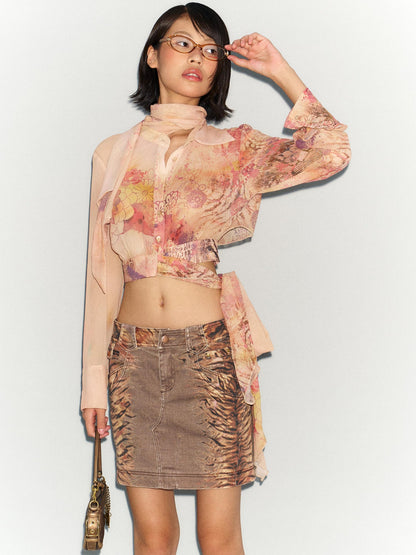 Flowers birds Market Flared Denim Midi Skirt With Stretch And Leopard Print Wash