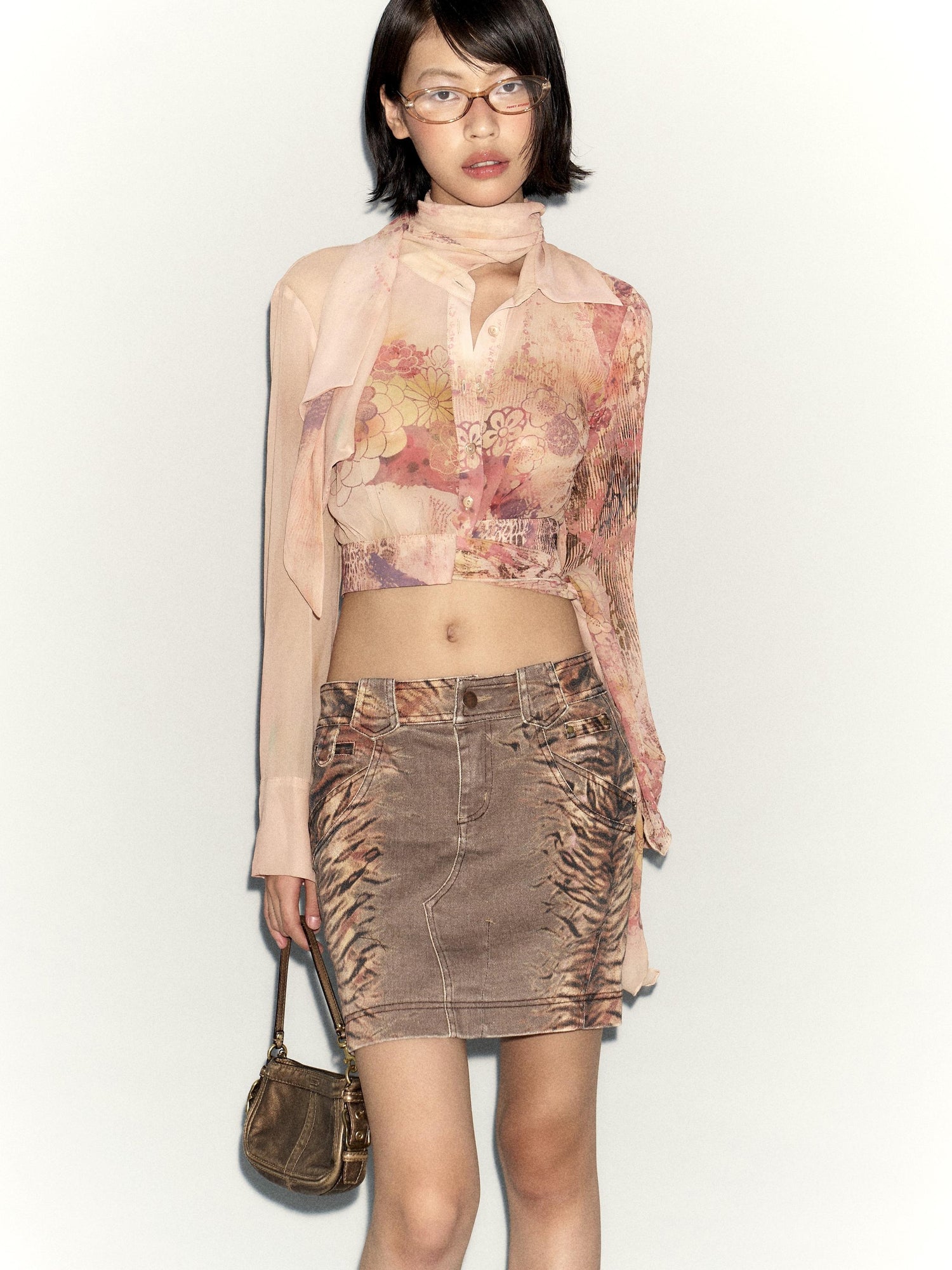 Flowers birds Market Flared Denim Midi Skirt With Stretch And Leopard Print Wash