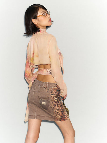 Flowers birds Market Flared Denim Midi Skirt With Stretch And Leopard Print Wash