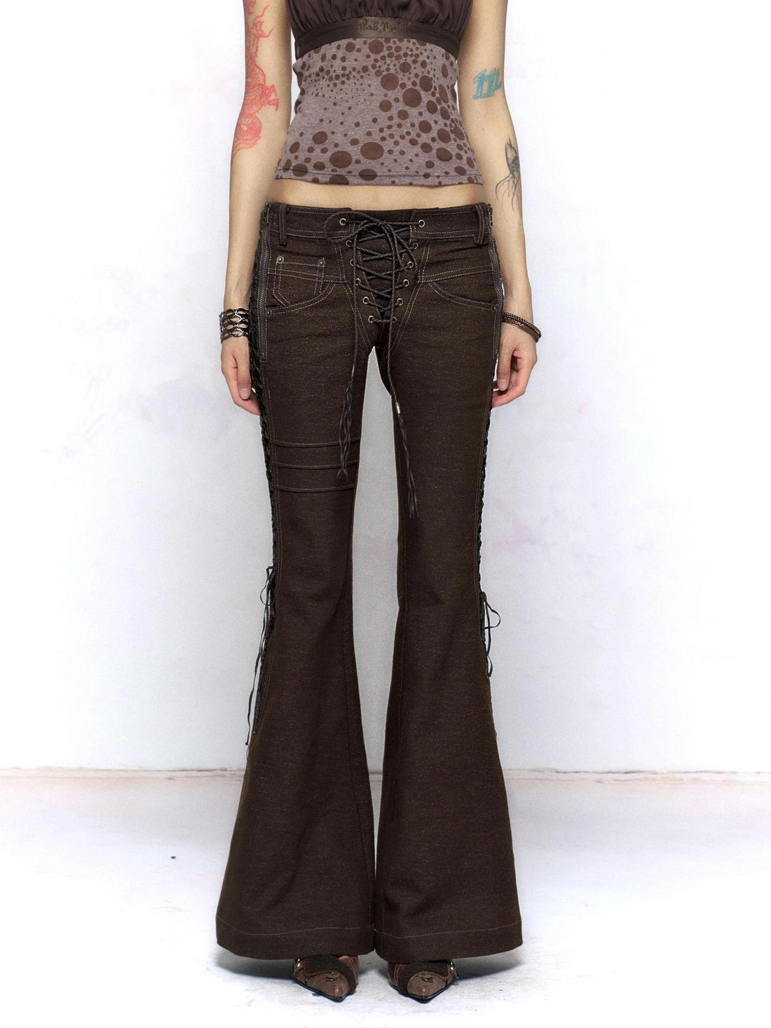 Flowers birds Market Flattering Slim Fit Lace Up Mid Rise Zip Fly For Women Brown Non Stretch Jeans