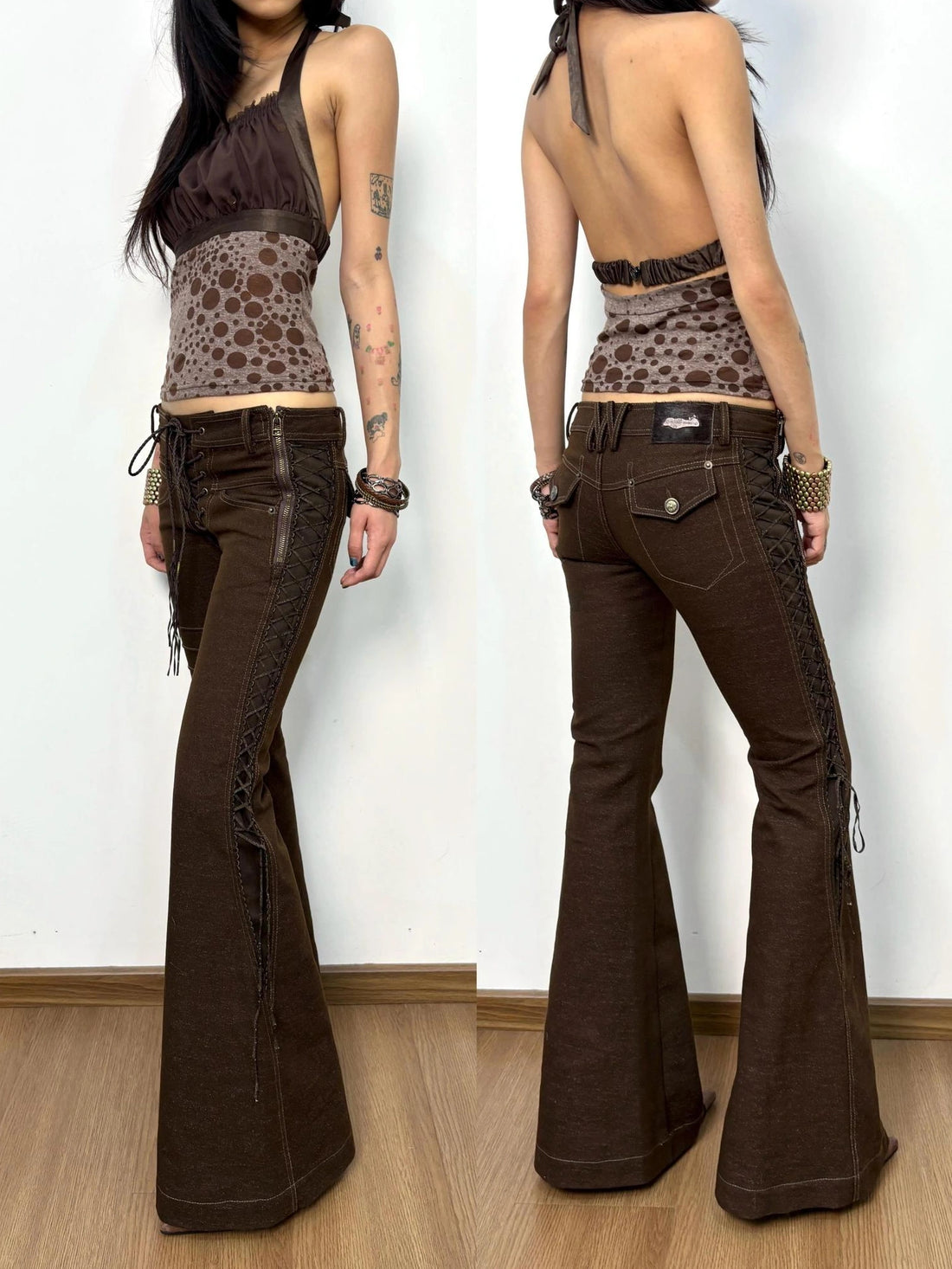 Flowers birds Market Flattering Slim Fit Lace Up Mid Rise Zip Fly For Women Brown Non Stretch Jeans