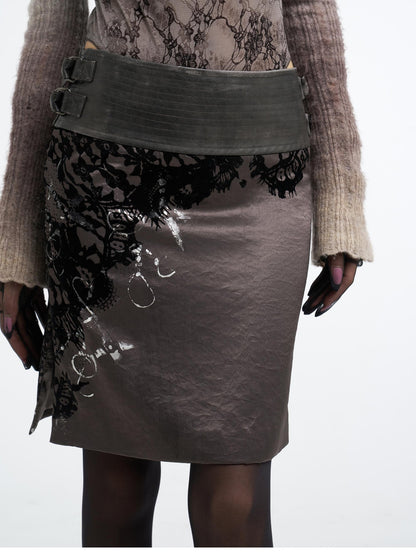 Flowers birds Market Flocked Print Satin Pu Leather Spliced Wide Waist Women&