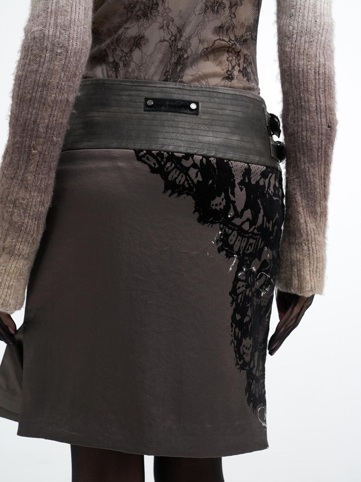 Flowers birds Market Flocked Print Satin Pu Leather Spliced Wide Waist Women&