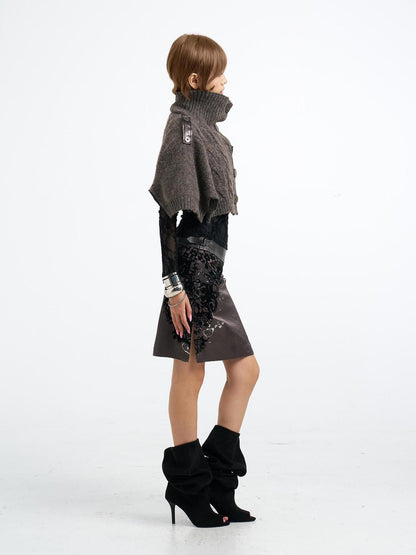 Flowers birds Market Flocked Print Satin Pu Leather Spliced Wide Waist Women&
