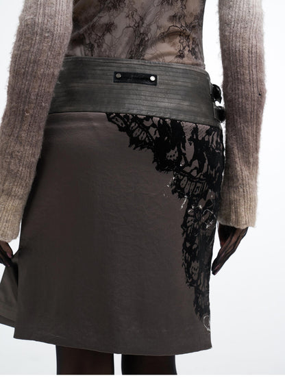 Flowers birds Market Flocked Print Satin Pu Leather Spliced Wide Waist Women&