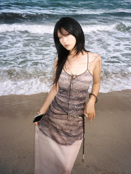 Print Sheath Mesh Dress With Slimming Silhouette