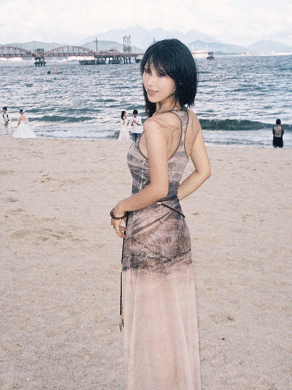 Print Sheath Mesh Dress With Slimming Silhouette