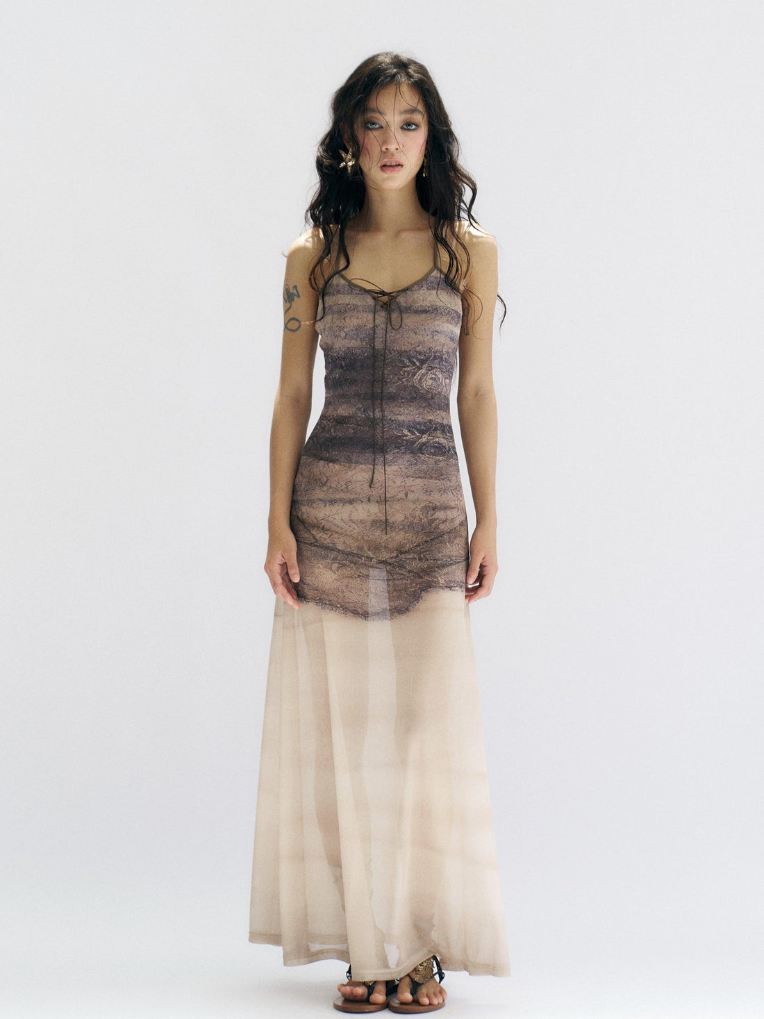 Flowers birds Market Floirds Print Sheath Mesh Dress With Slimming Silhouette