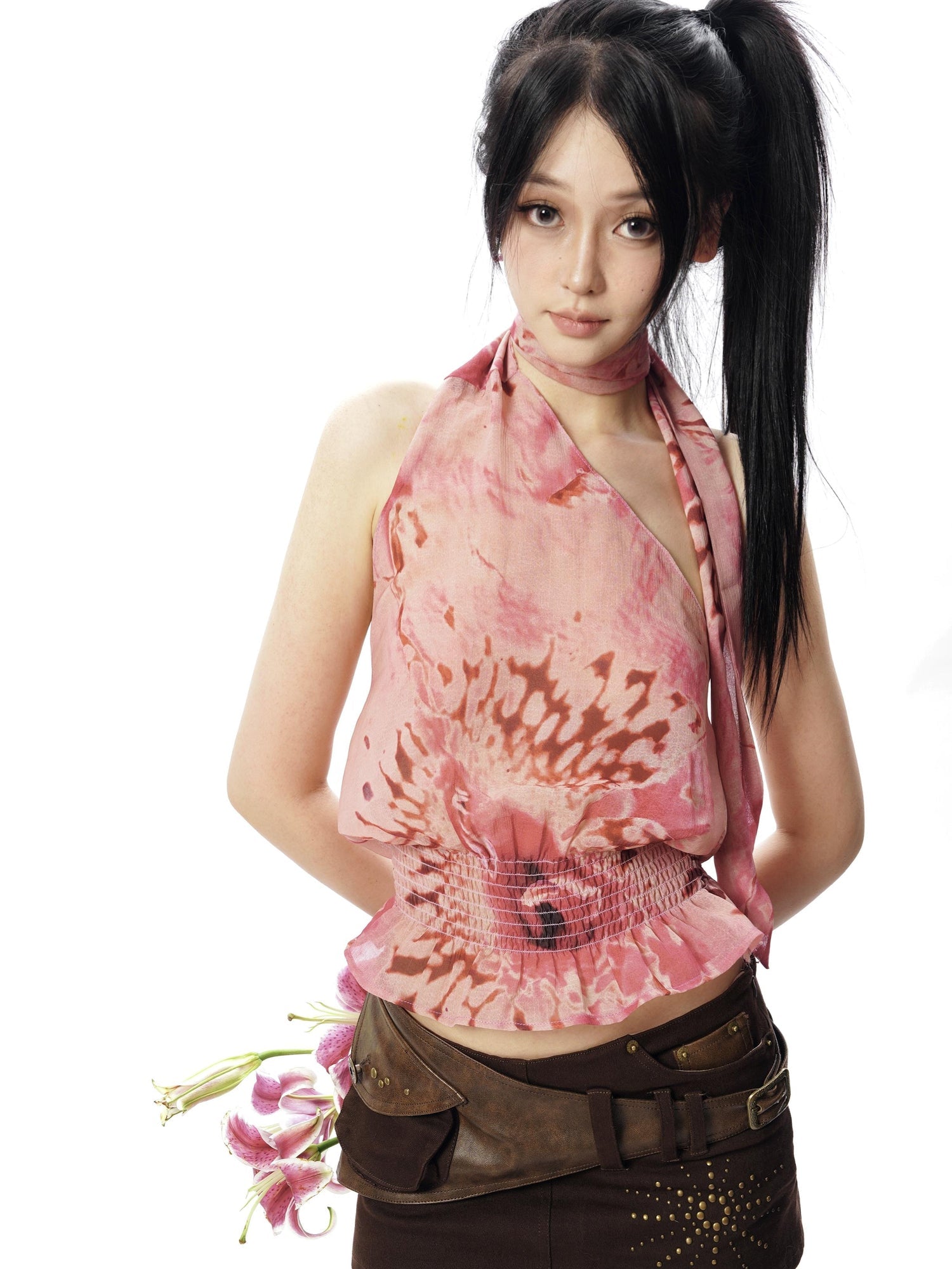 Flowers birds Market Floral Abstract Print Halter Neck Tank Top
