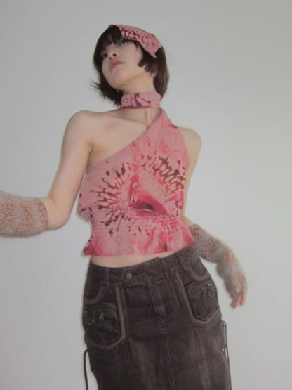 Flowers birds Market Floral Abstract Print Halter Neck Tank Top