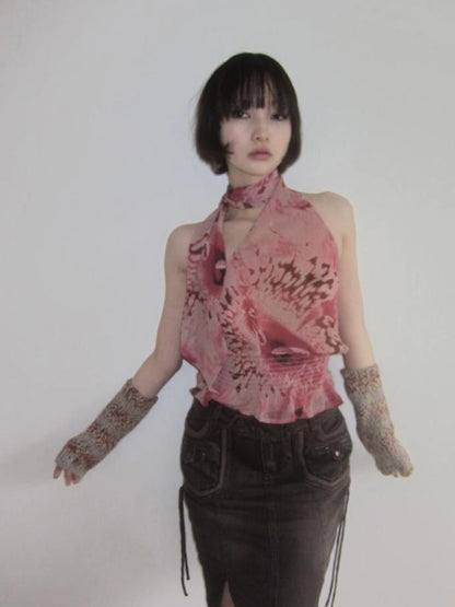 Abstract Print Halter Neck Tank Top