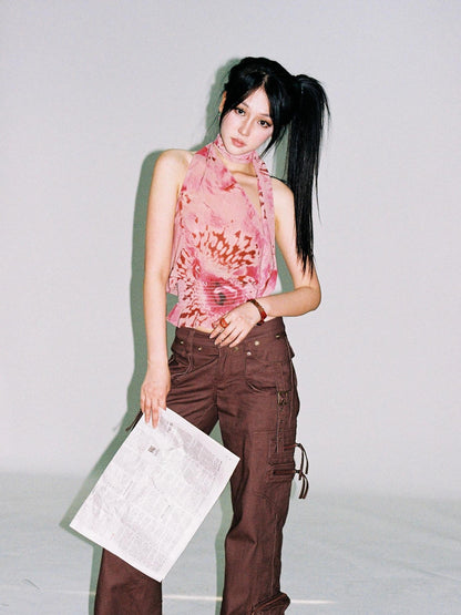 Flowers birds Market Floral Abstract Print Halter Neck Tank Top