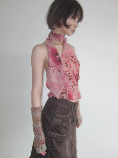 Abstract Print Halter Neck Tank Top