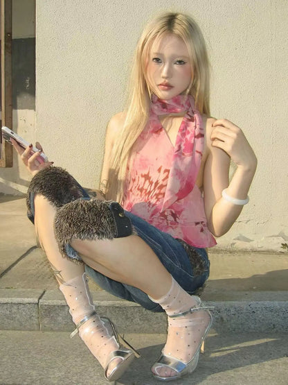 Abstract Print Halter Neck Tank Top