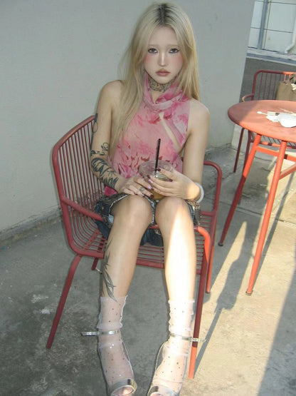 Abstract Print Halter Neck Tank Top