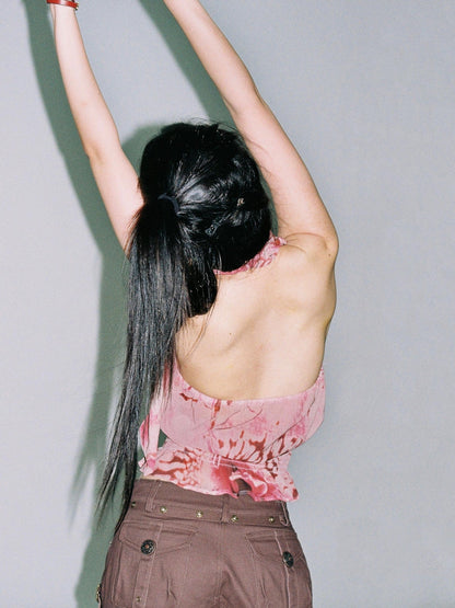 Flowers birds Market Floral Abstract Print Halter Neck Tank Top