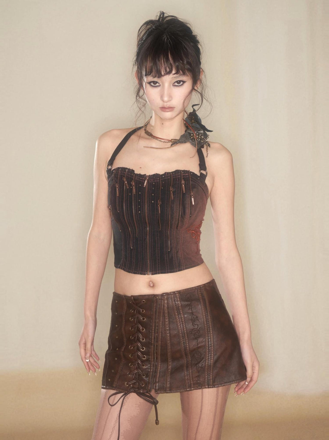 Flowers birds Market Floral Bird Embroidery Vintage Denim Corset Top
