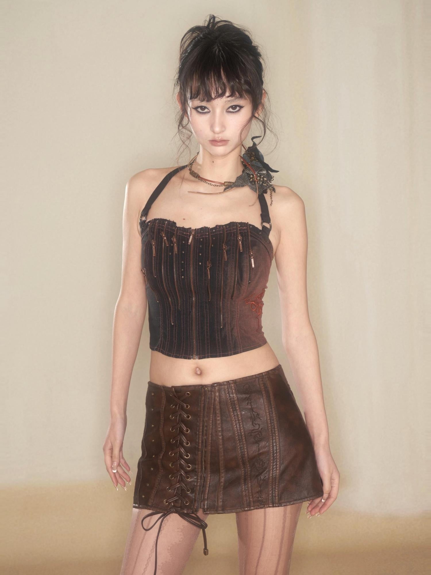 Flowers birds Market Floral Bird Embroidery Vintage Denim Corset Top