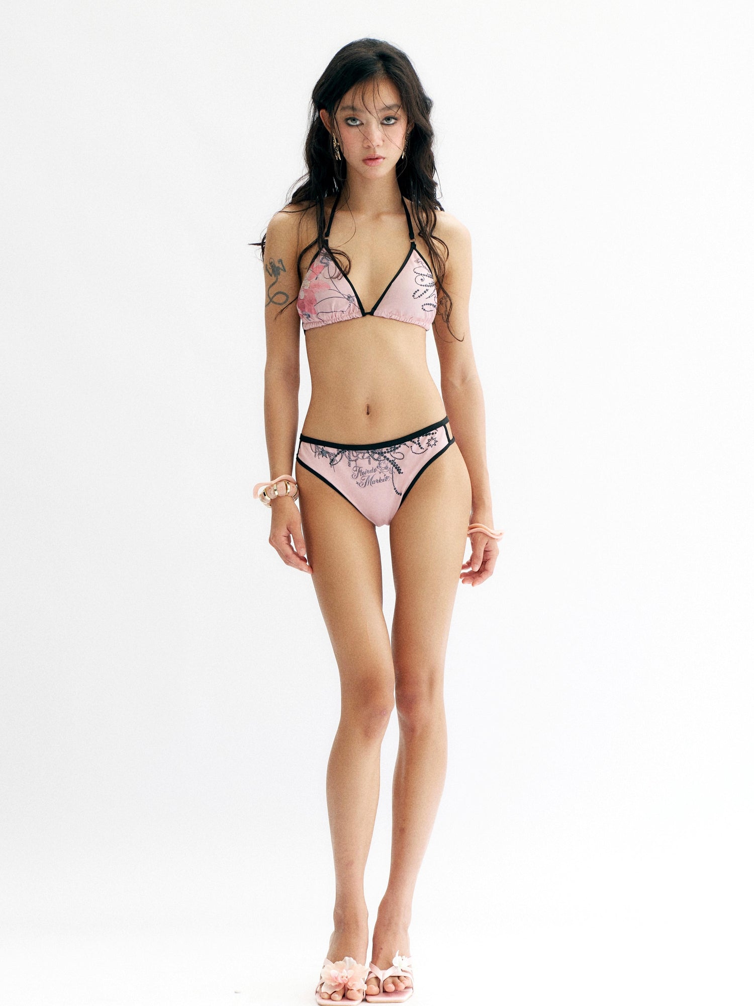 Flowers birds Market Floral Print Bikini Set with Ruffle Mesh Skirt