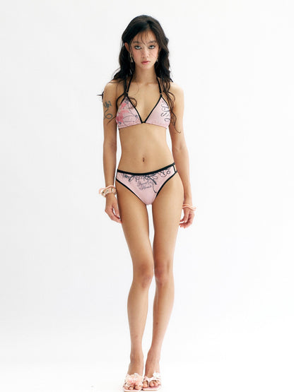 Flowers birds Market Floral Print Bikini Set with Ruffle Mesh Skirt