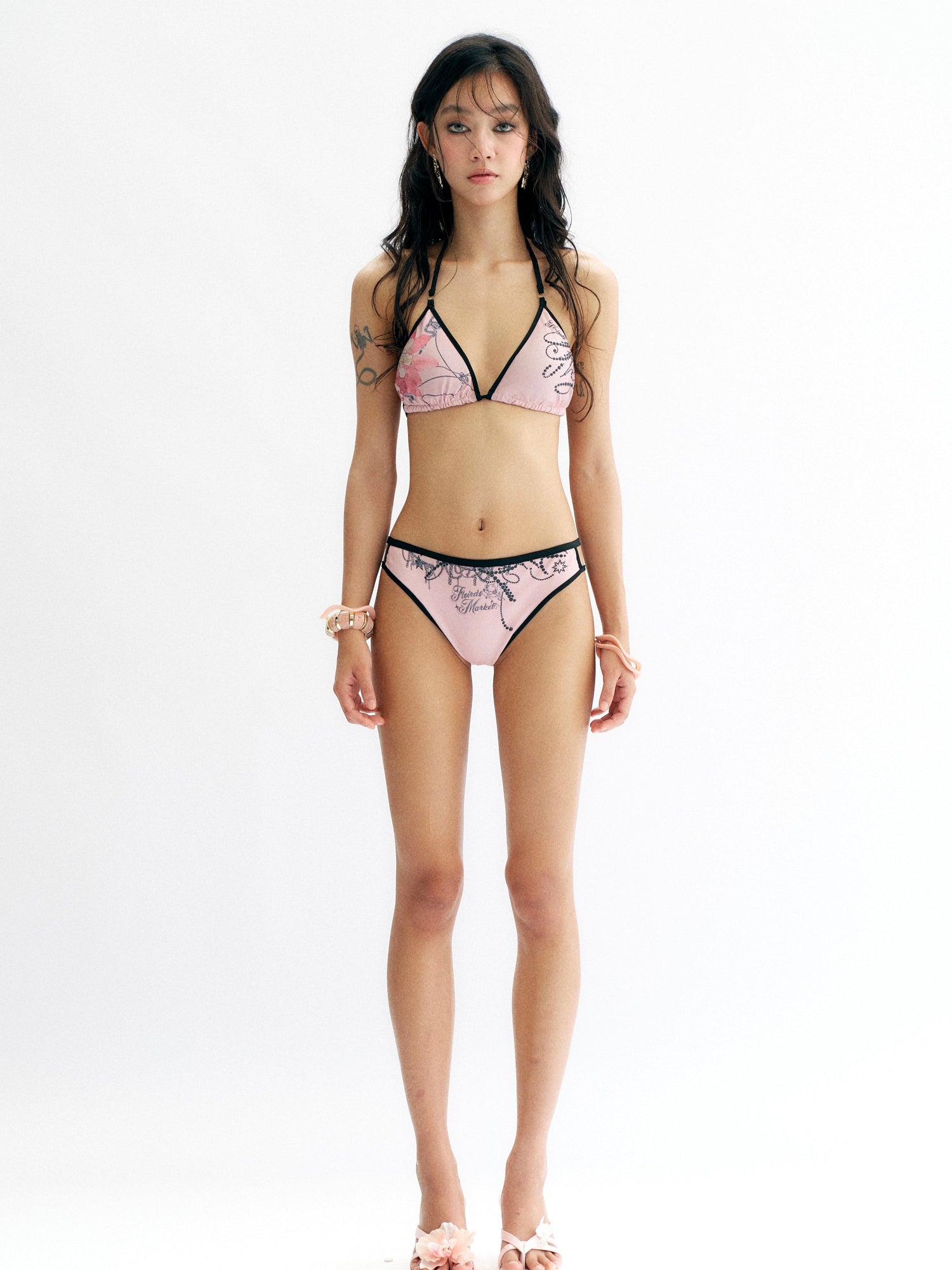 Flowers birds Market Floral Print Bikini Set with Ruffle Mesh Skirt