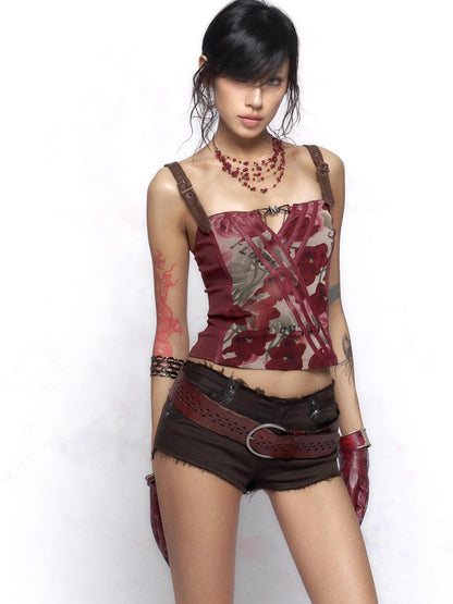 Flowers birds Market Floral Print Scoop Neck Spaghetti Strap Stretchy Slim Fit Vintage Women Tank Top