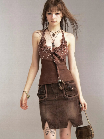 Print Denim Paneled Denim Skirt