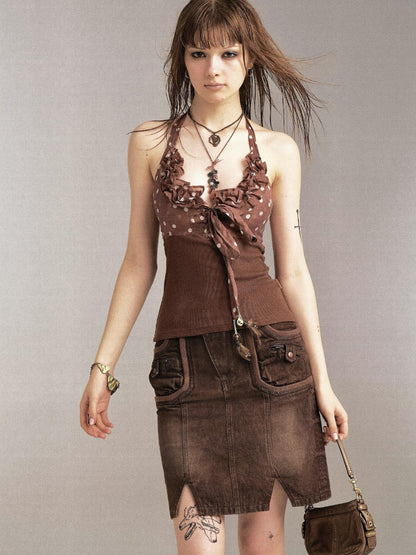 Flowers birds Market Flower Bird Print Denim Paneled Denim Skirt