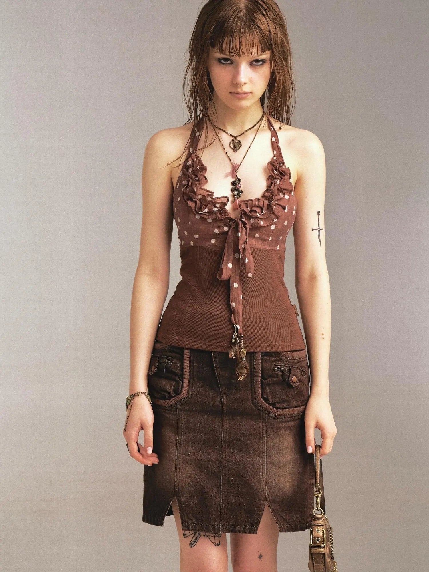 Print Denim Paneled Denim Skirt